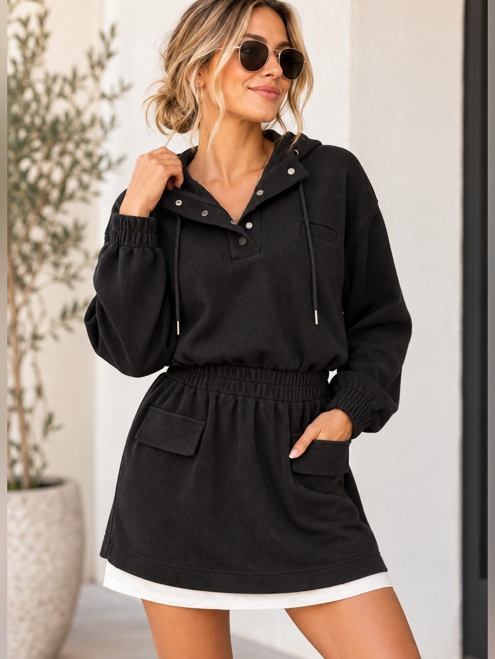 Heyson Black Ribbed Hoodie Dress Cinched Waist Pockets Size M